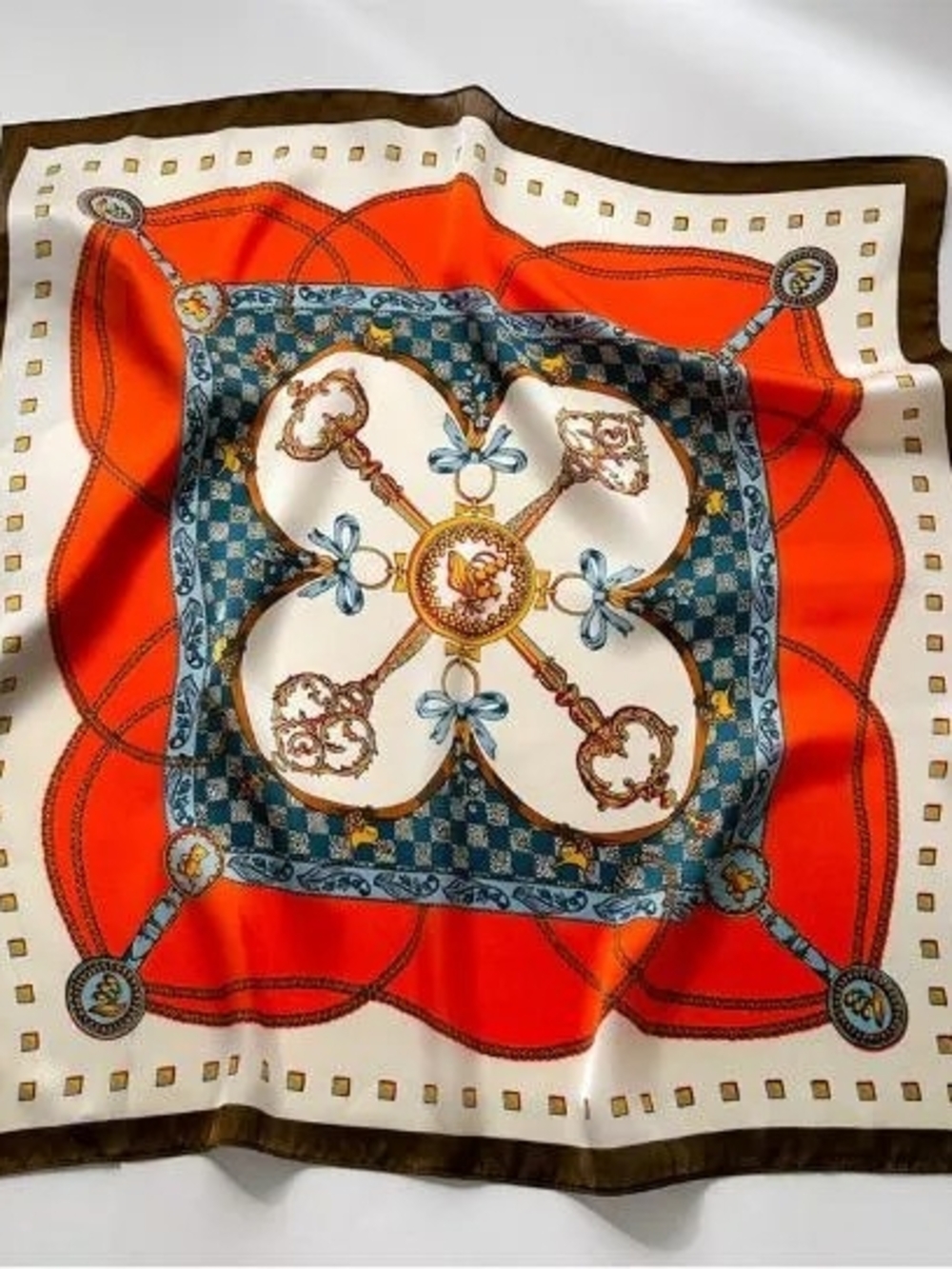 Silk-feel Ornate Key-Print Square Scarf in Orange, Blue & White 70*70cm